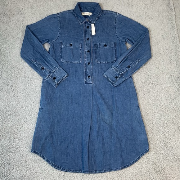 Madewell Popover Denim Dress Womens XXS Long Sleeve Pullover Pockets‎ Pullover - Picture 1 of 14